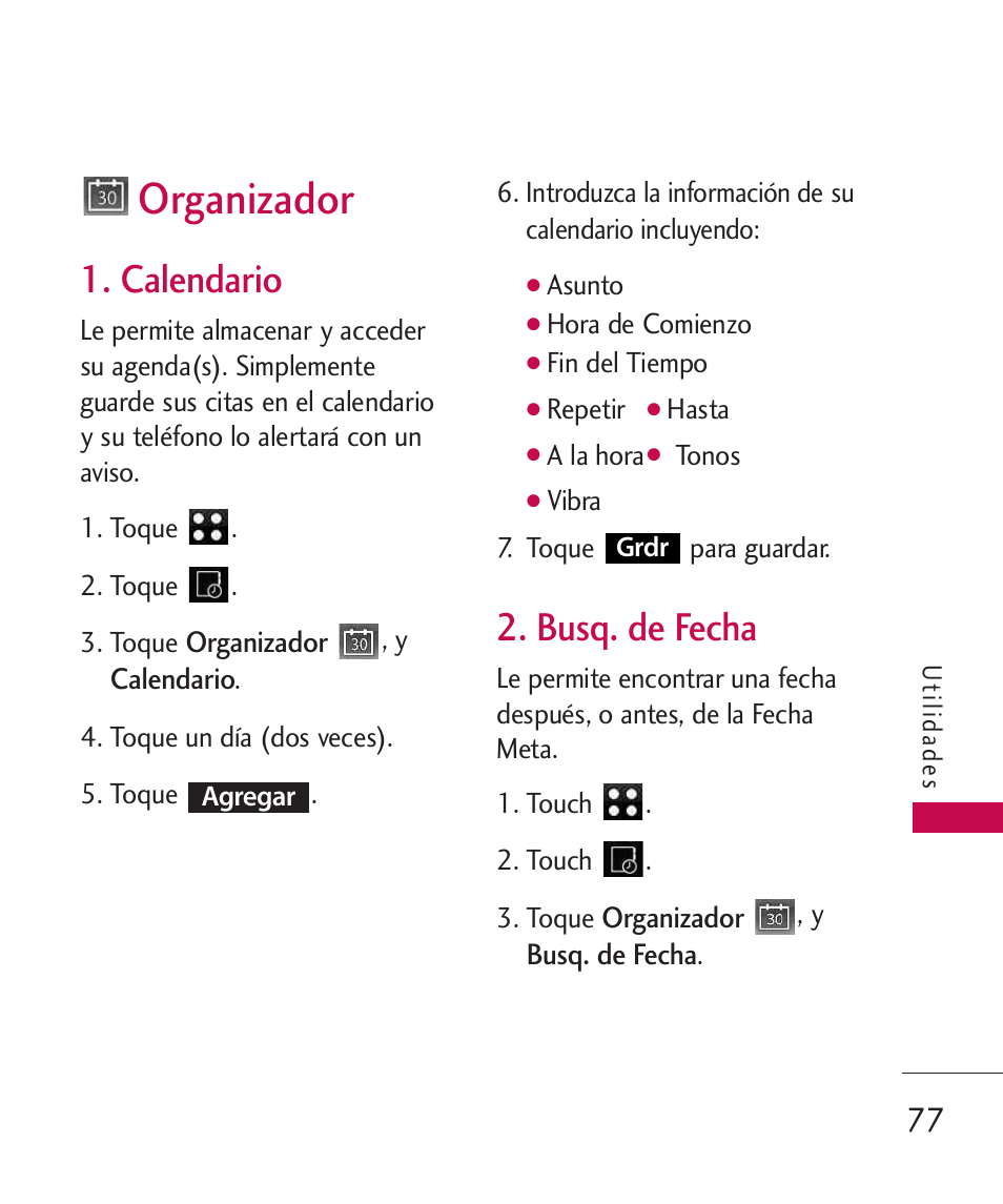 Organizador, Calendario, Busq. de fecha | LG LG840 User Manual | Page 219 / 293