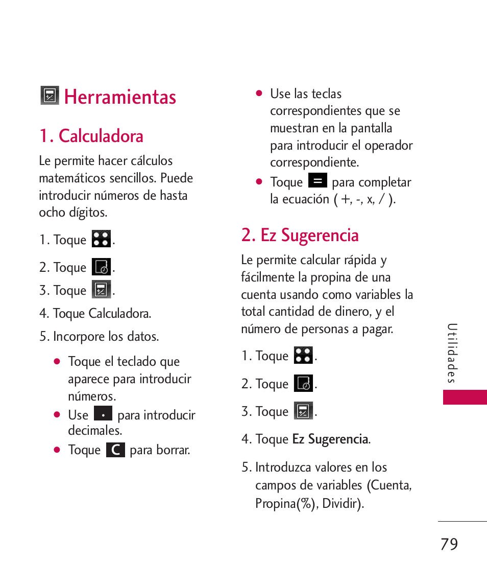 Herramientas, Calculadora, Ez sugerencia | LG LG840 User Manual | Page 221 / 293