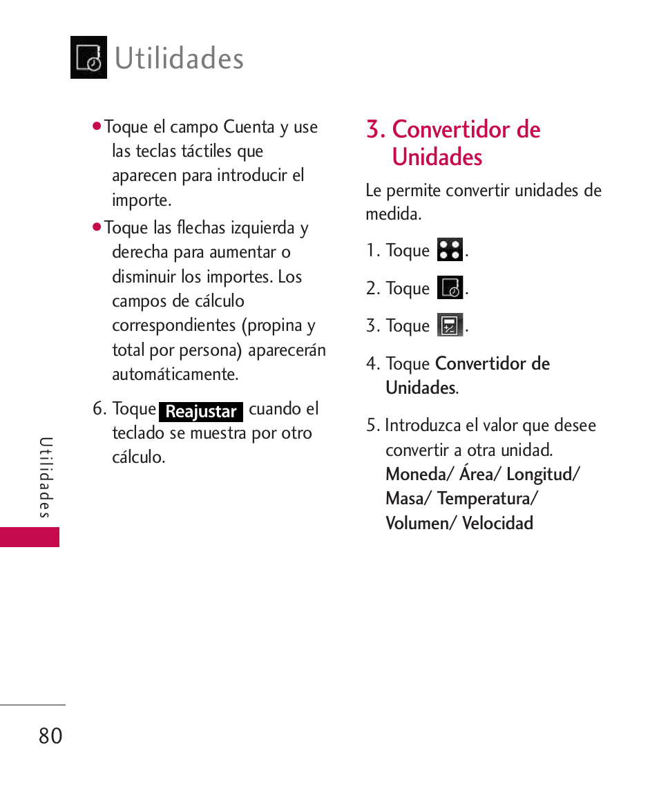 Convertidor de unidades, Convertidor de unidades 80, Utilidades | LG LG840 User Manual | Page 222 / 293