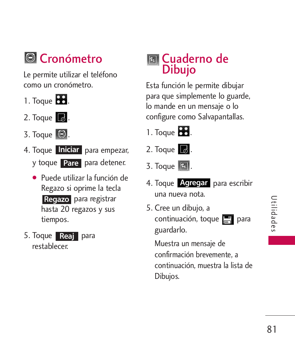Cronómetro, Cuaderno de dibujo | LG LG840 User Manual | Page 223 / 293