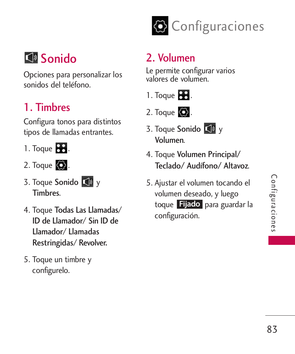 Sonido, Timbres, Volumen | Configuraciones | LG LG840 User Manual | Page 225 / 293