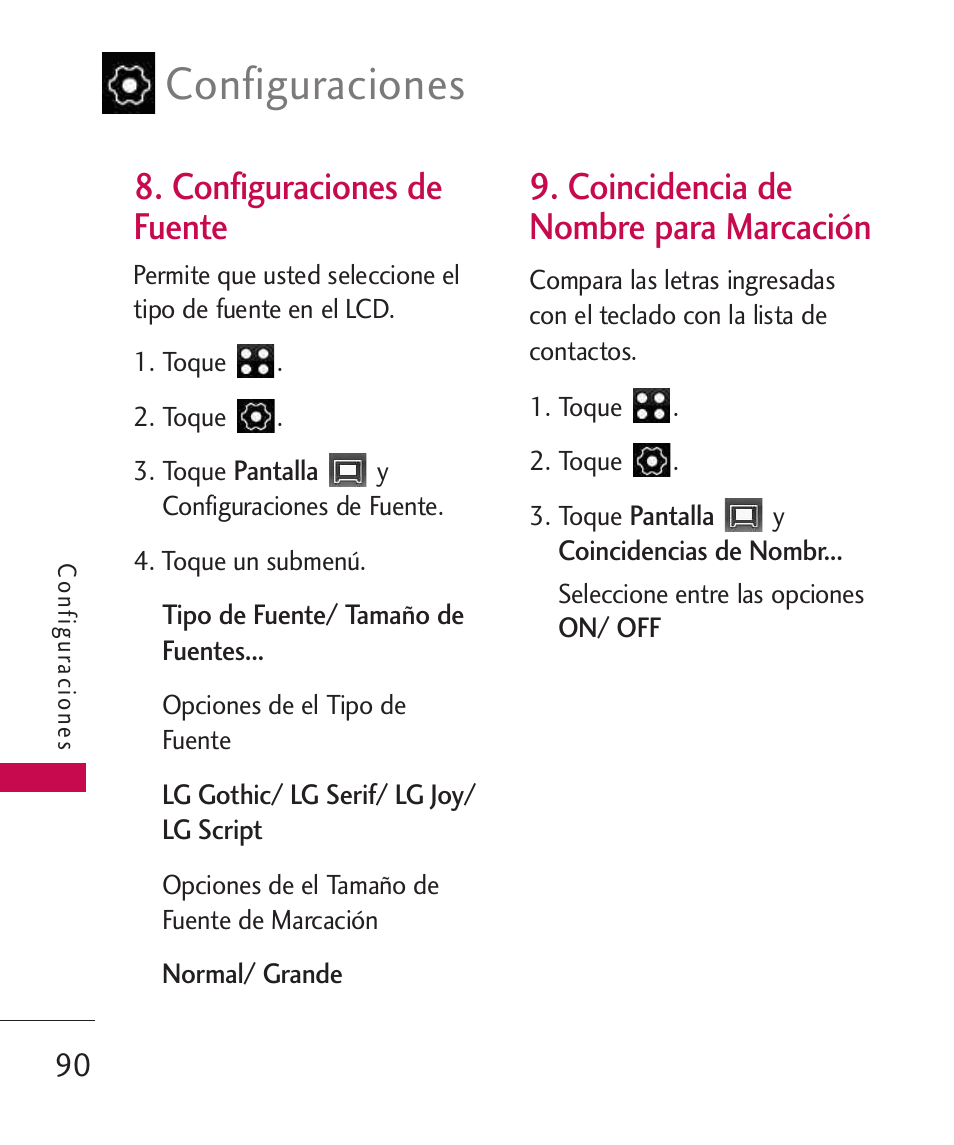 Configuraciones de fuente, Coincidencia de nombre pa, Configuraciones | Coincidencia de nombre para marcación | LG LG840 User Manual | Page 232 / 293