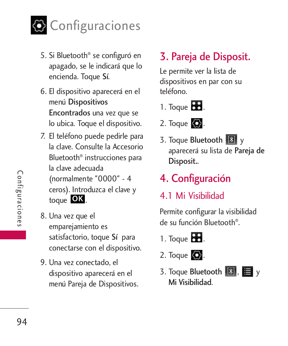 Pareja de disposit, Configuración, 1 mi visibilidad | Configuraciones | LG LG840 User Manual | Page 236 / 293
