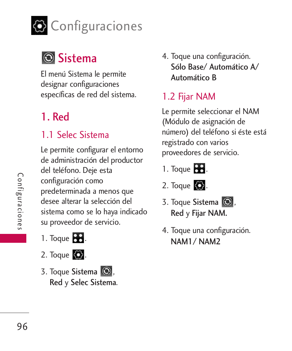 Sistema, 1 selec sistema, 2 fijar nam | Configuraciones | LG LG840 User Manual | Page 238 / 293