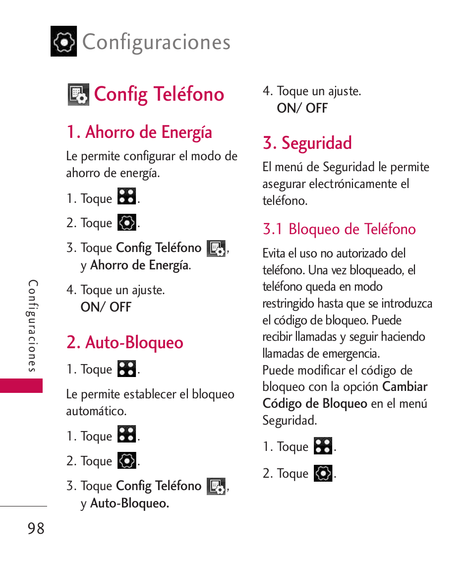 Config teléfono, Ahorro de energía, Auto-bloqueo | Seguridad, 1 bloqueo de teléfono, Configuraciones | LG LG840 User Manual | Page 240 / 293