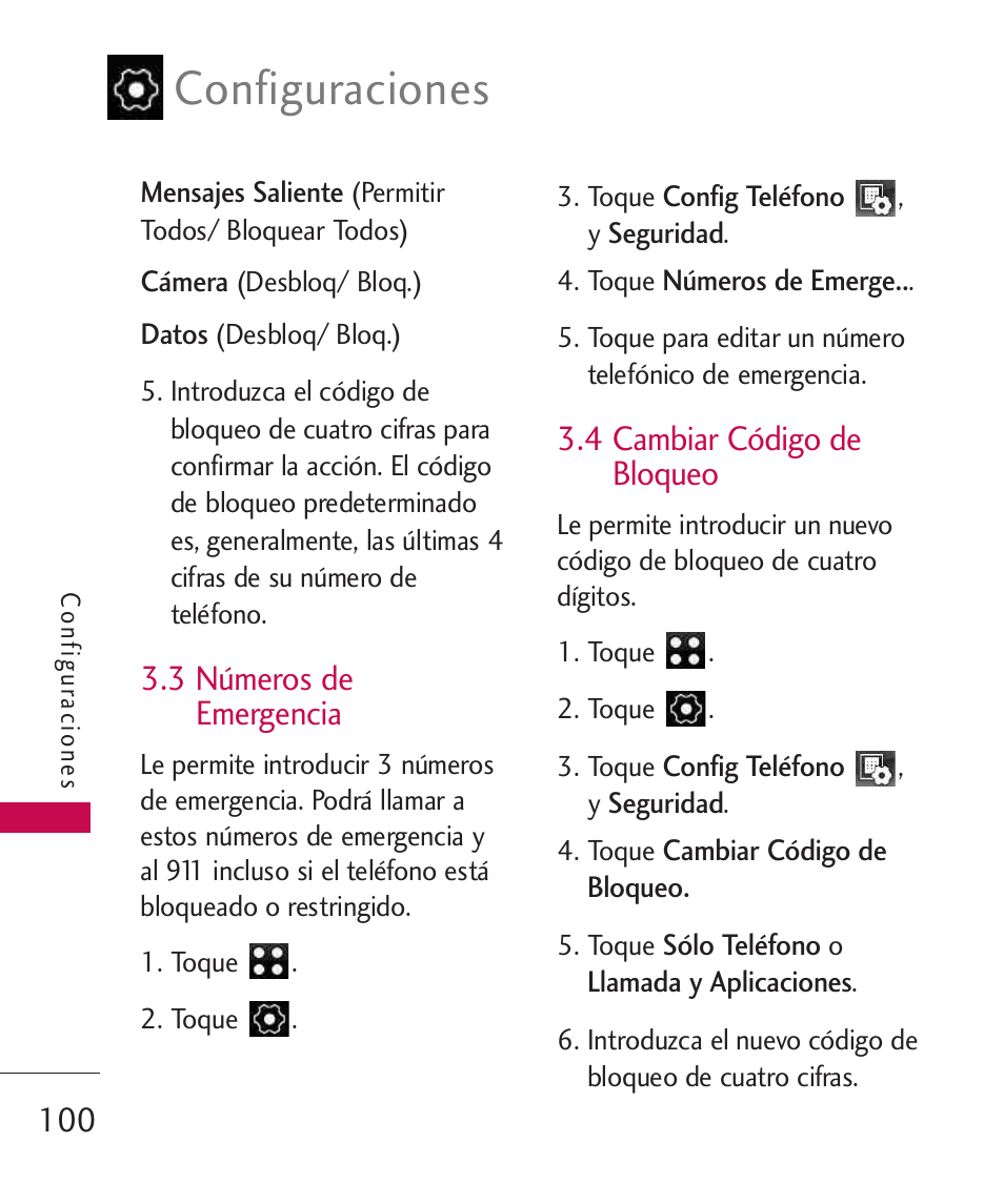 3 números de emergencia, 4 cambiar código de bloqueo, 4 cambiar código de bloqueo 100 | Configuraciones | LG LG840 User Manual | Page 242 / 293