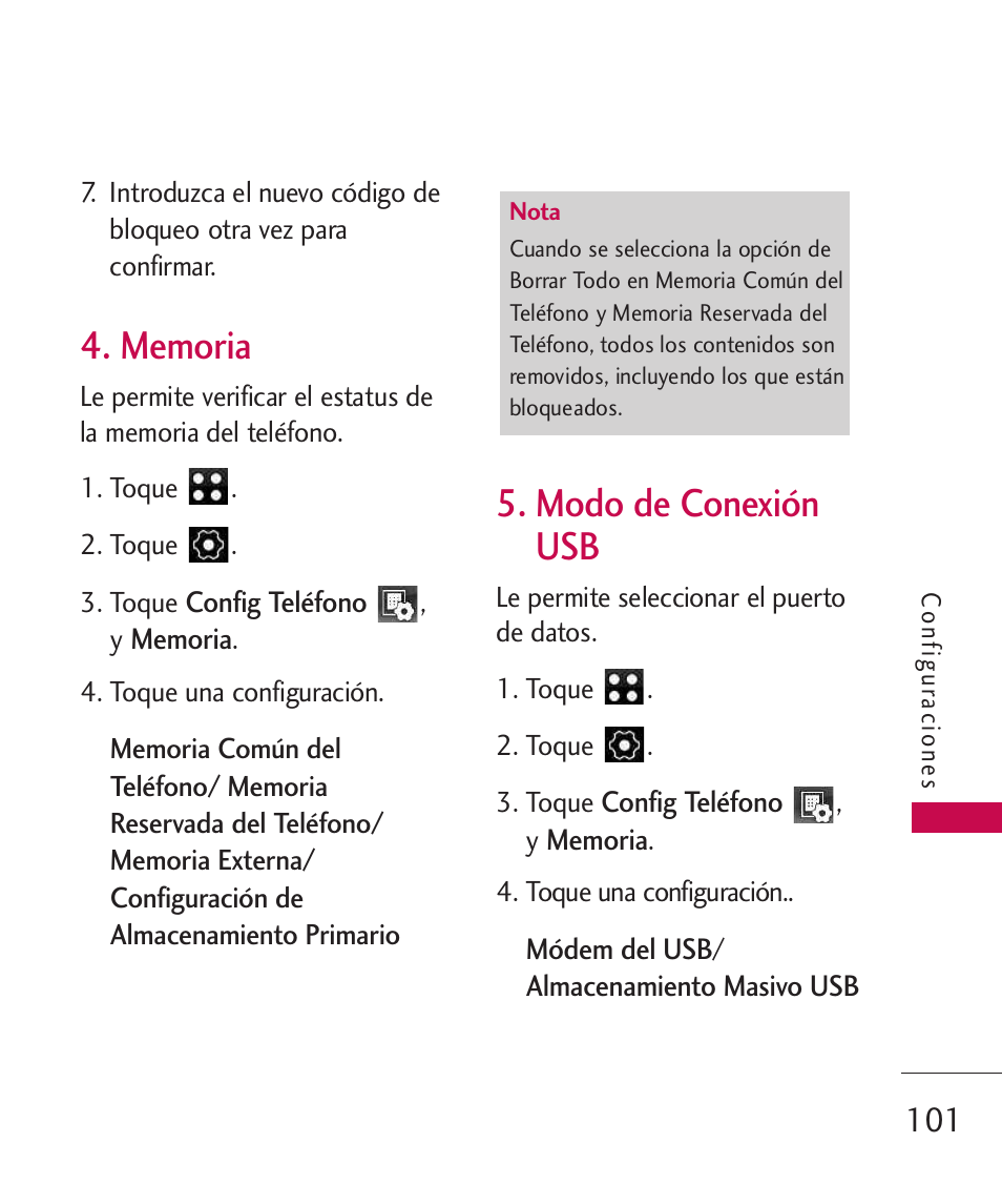 Memoria, Modo de conexión usb, Modo de conexión usb 101 | LG LG840 User Manual | Page 243 / 293