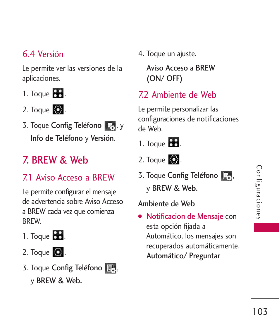 4 versión, Brew & web, 1 aviso acceso a brew | 2 ambiente de web | LG LG840 User Manual | Page 245 / 293