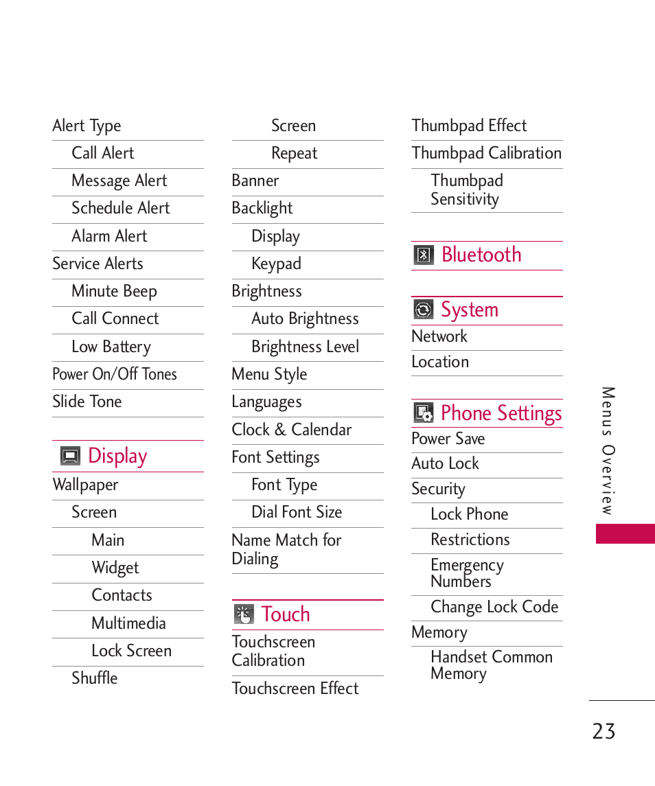 Display, Touch, Bluetooth system | Phone settings | LG LG840 User Manual | Page 25 / 293