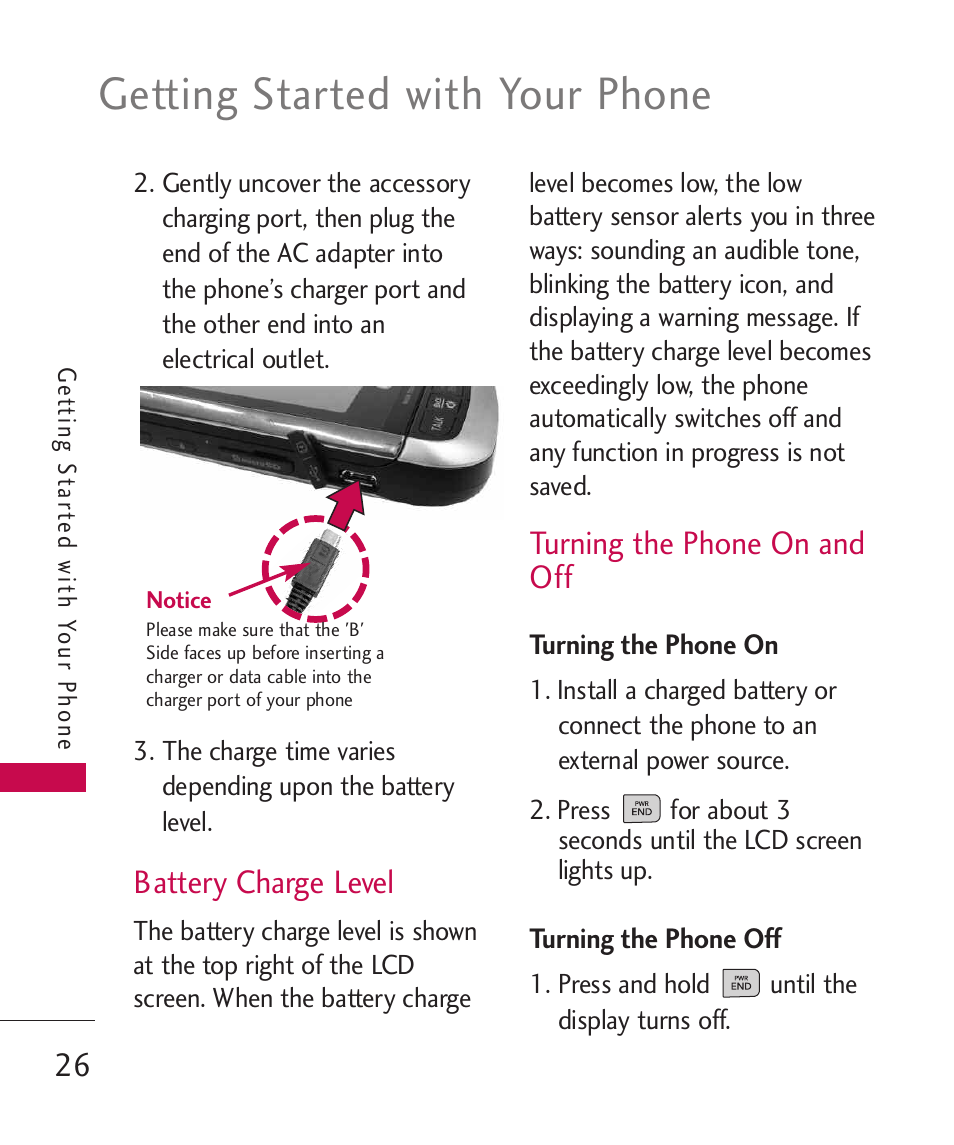 Battery charge level, Turning the phone on and off, Getting started with your phone | LG LG840 User Manual | Page 28 / 293