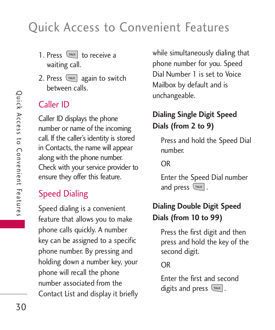 Caller id, Speed dialing, Quick access to convenient features | LG LG840 User Manual | Page 32 / 293