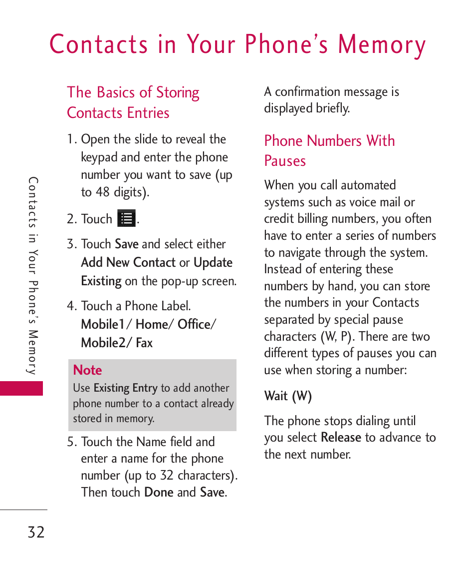 Contacts in your phone’s memory, The basics of storing contac, Phone numbers with pauses | The basics of storing contacts entries | LG LG840 User Manual | Page 34 / 293