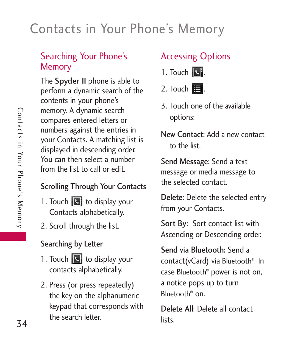 Searching your phone’s memory, Accessing options, Searching your phone’s memory 34 | LG LG840 User Manual | Page 36 / 293