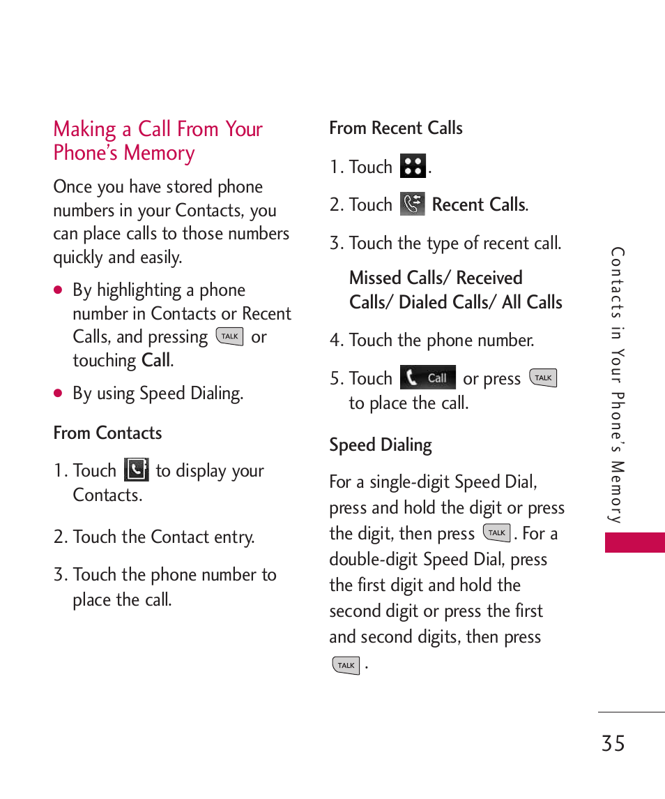 Making a call from your phon, Making a call from your phone’s memory | LG LG840 User Manual | Page 37 / 293