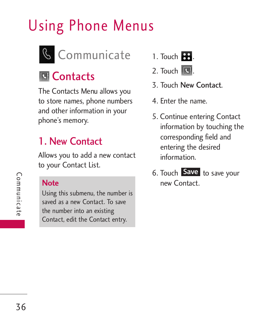 Using phone menus, Contacts, New contact | Communicate | LG LG840 User Manual | Page 38 / 293