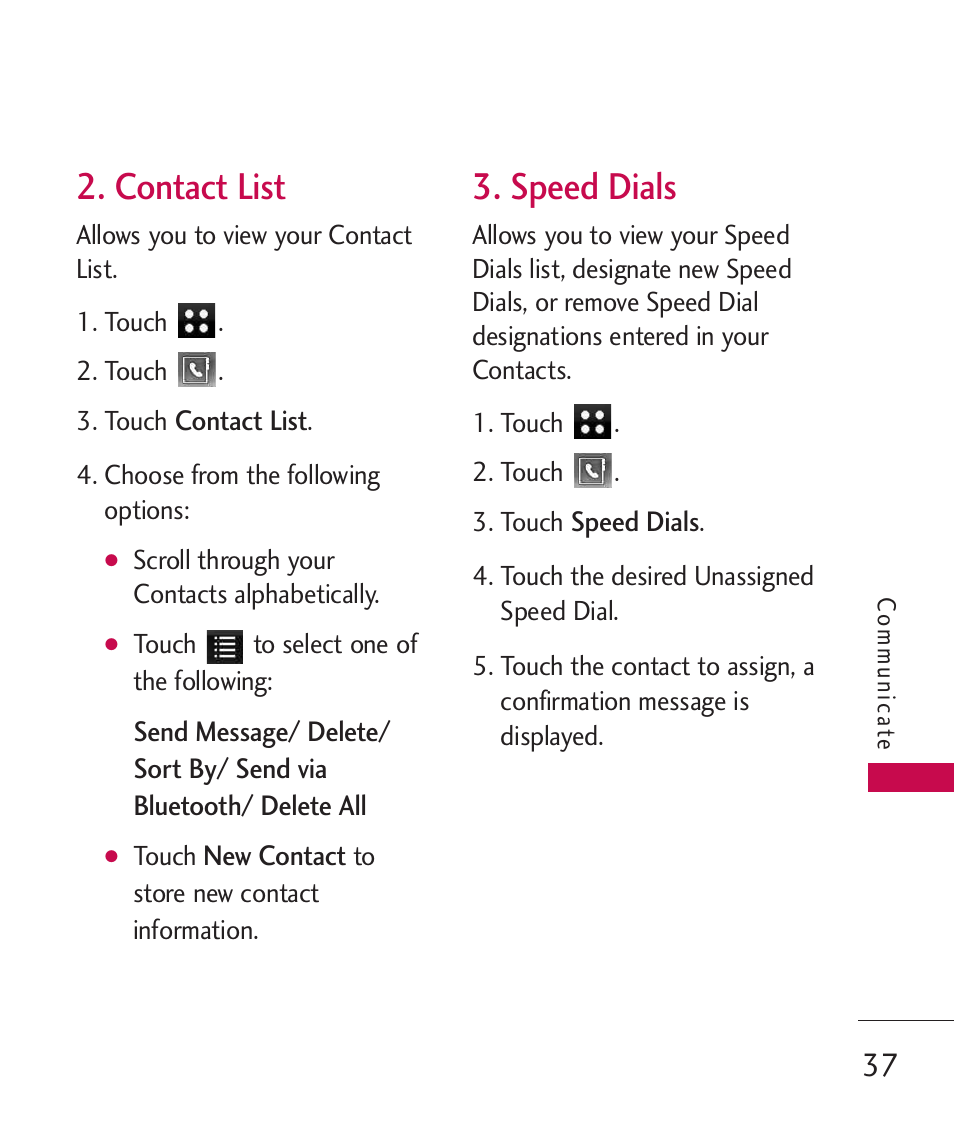 Contact list, Speed dials | LG LG840 User Manual | Page 39 / 293