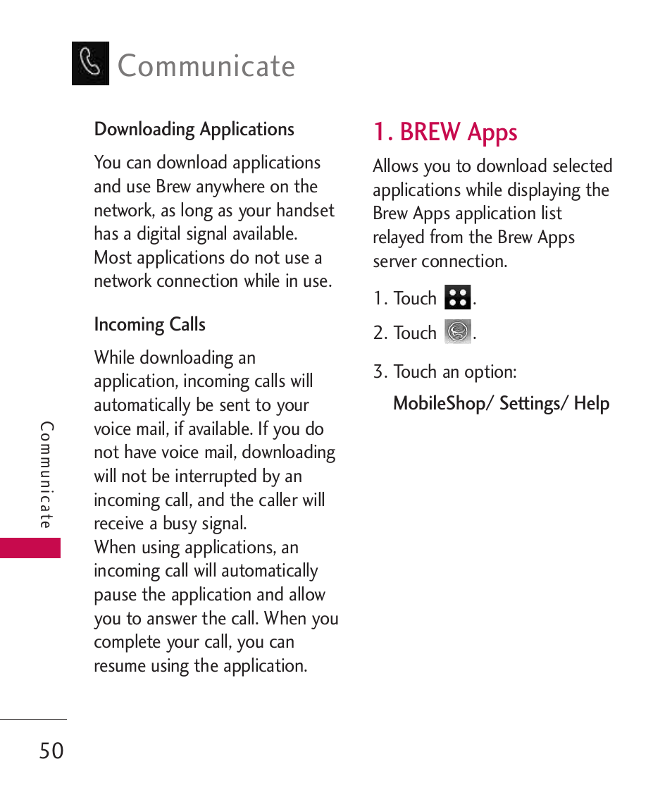 Brew apps, Communicate | LG LG840 User Manual | Page 52 / 293