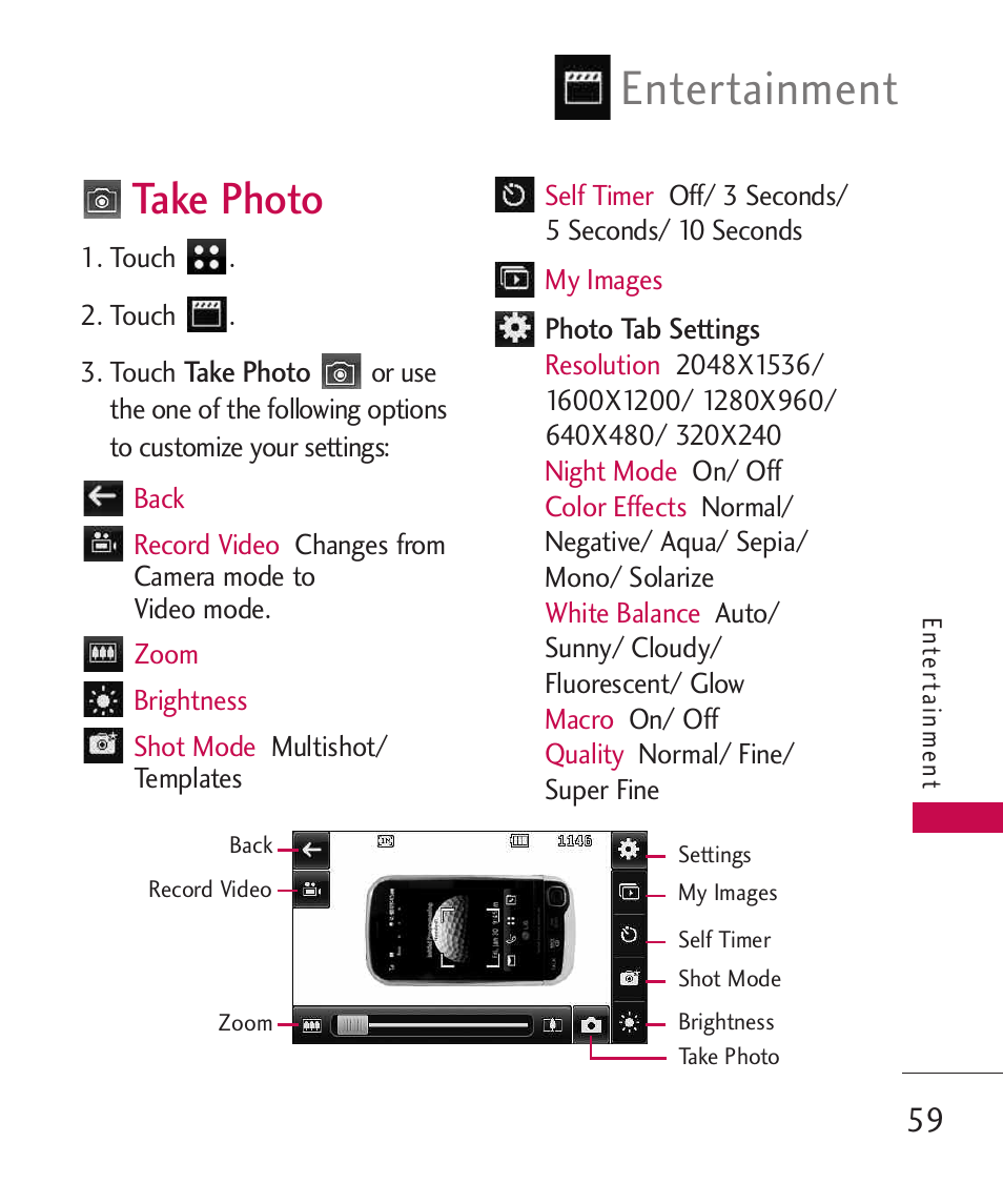 Take photo, Entertainment | LG LG840 User Manual | Page 61 / 293