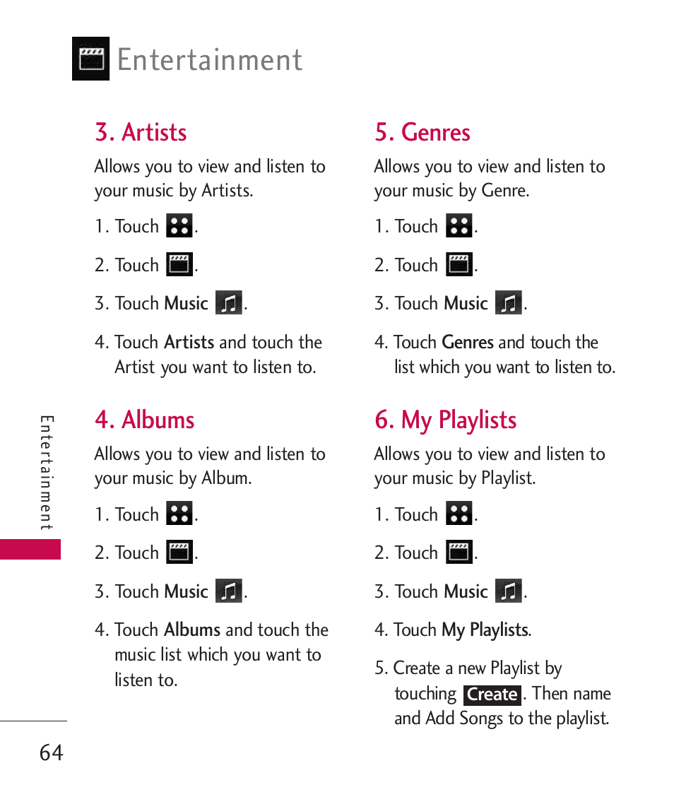 Artists, Albums, Genres | My playlists, Entertainment | LG LG840 User Manual | Page 66 / 293