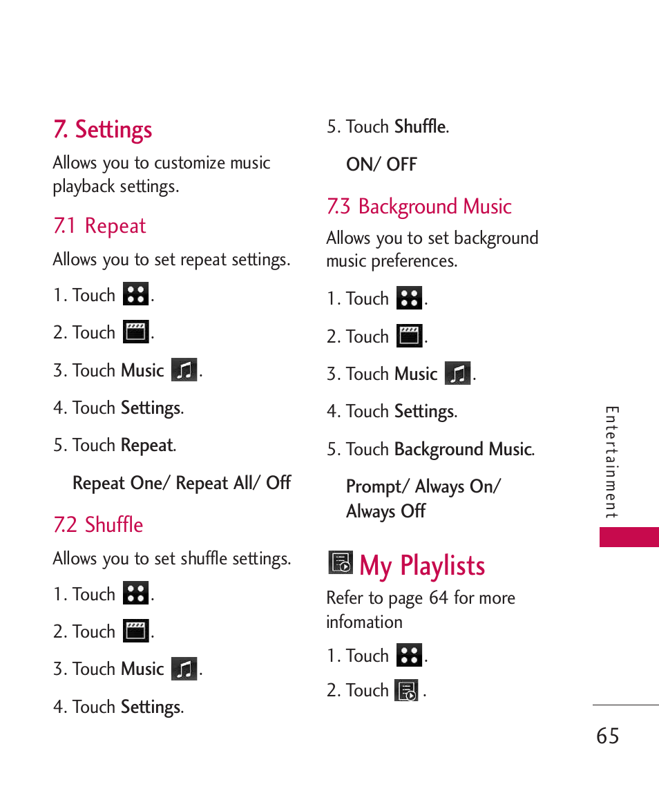 Settings, 1 repeat, 2 shuffle | 3 background music, My playlists | LG LG840 User Manual | Page 67 / 293