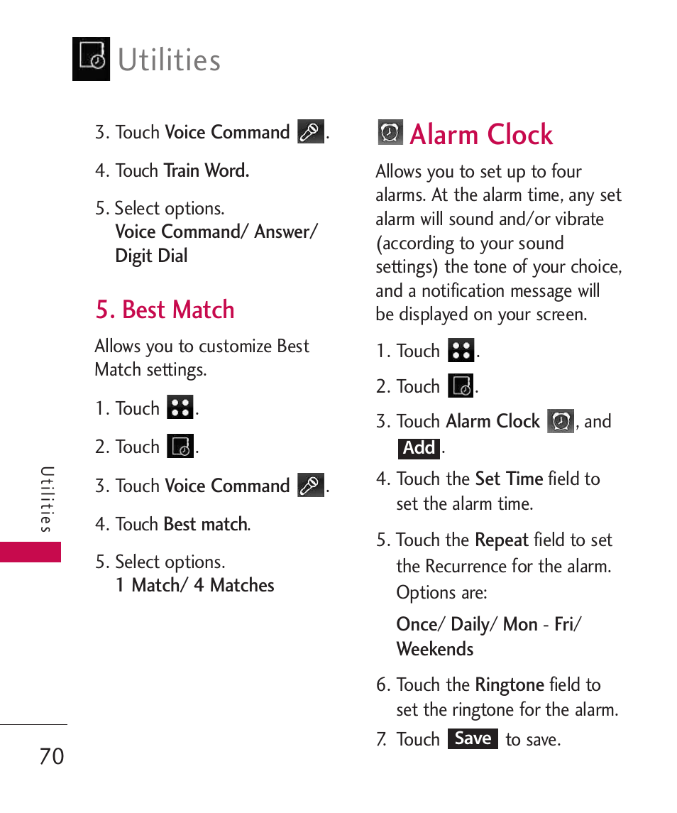 Best match, Alarm clock, Utilities | LG LG840 User Manual | Page 72 / 293