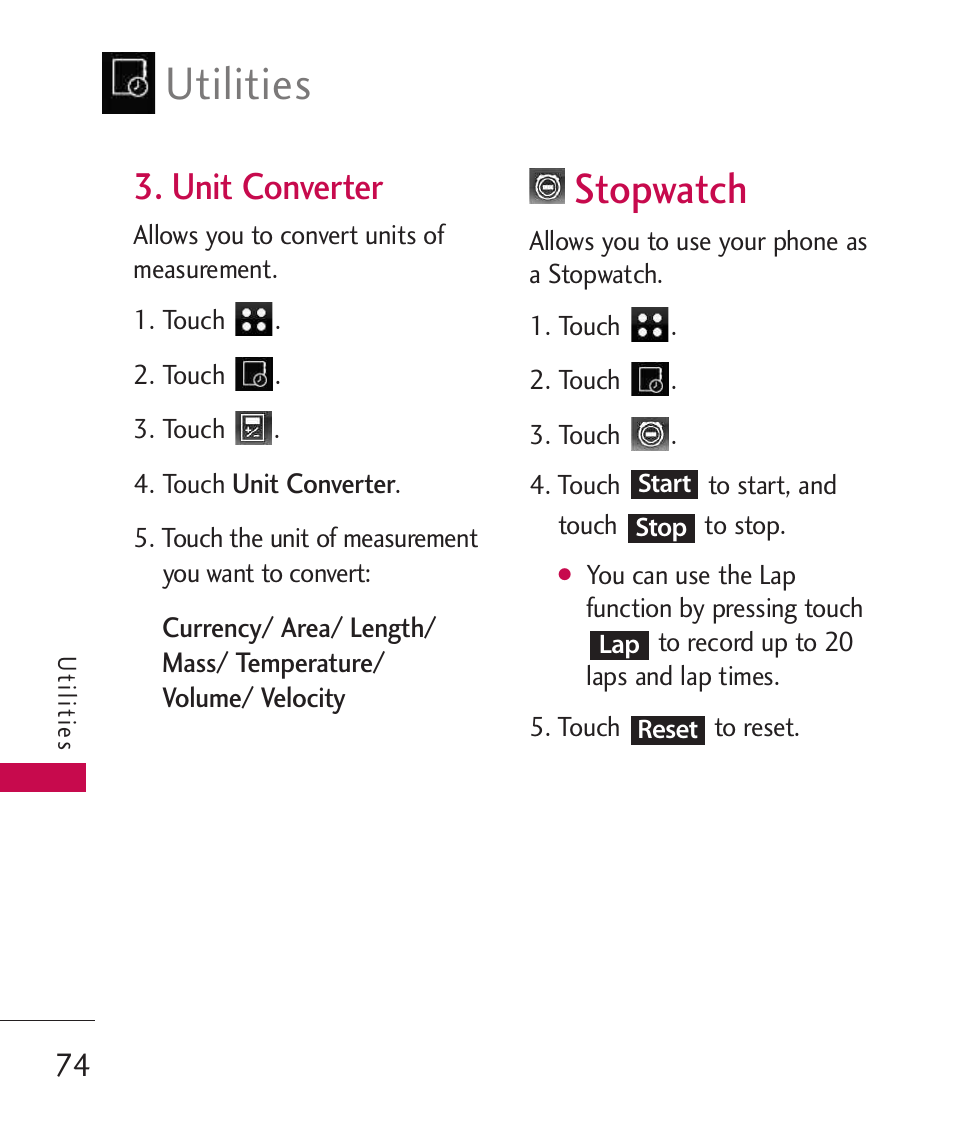 Unit converter, Stopwatch, Utilities | LG LG840 User Manual | Page 76 / 293