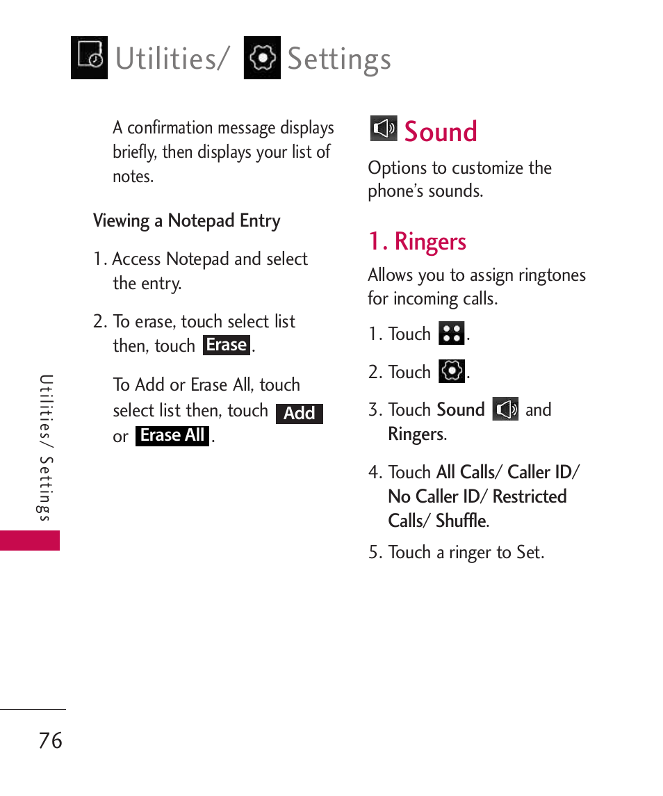 Sound, Ringers, Utilities/ settings | LG LG840 User Manual | Page 78 / 293
