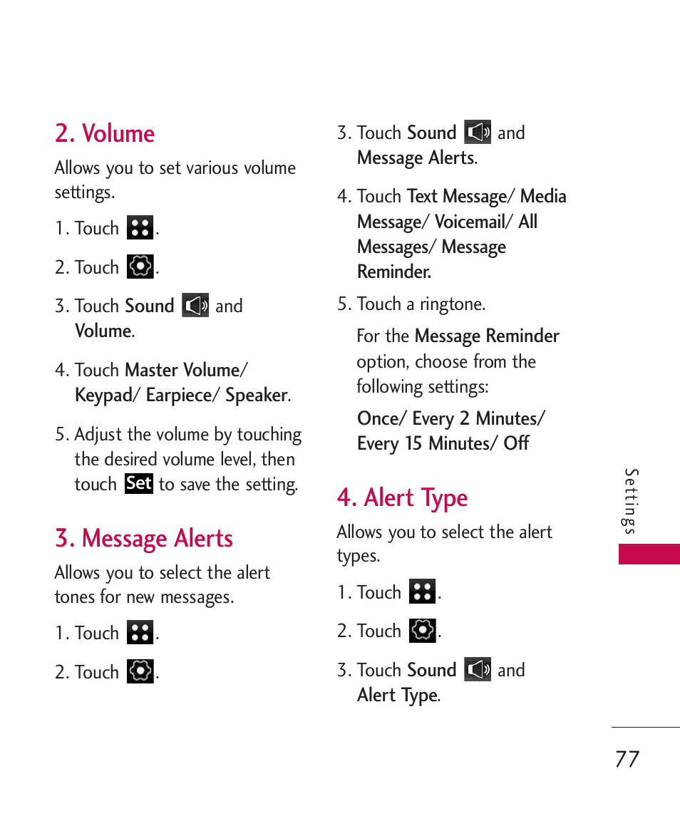 Volume, Message alerts, Alert type | LG LG840 User Manual | Page 79 / 293