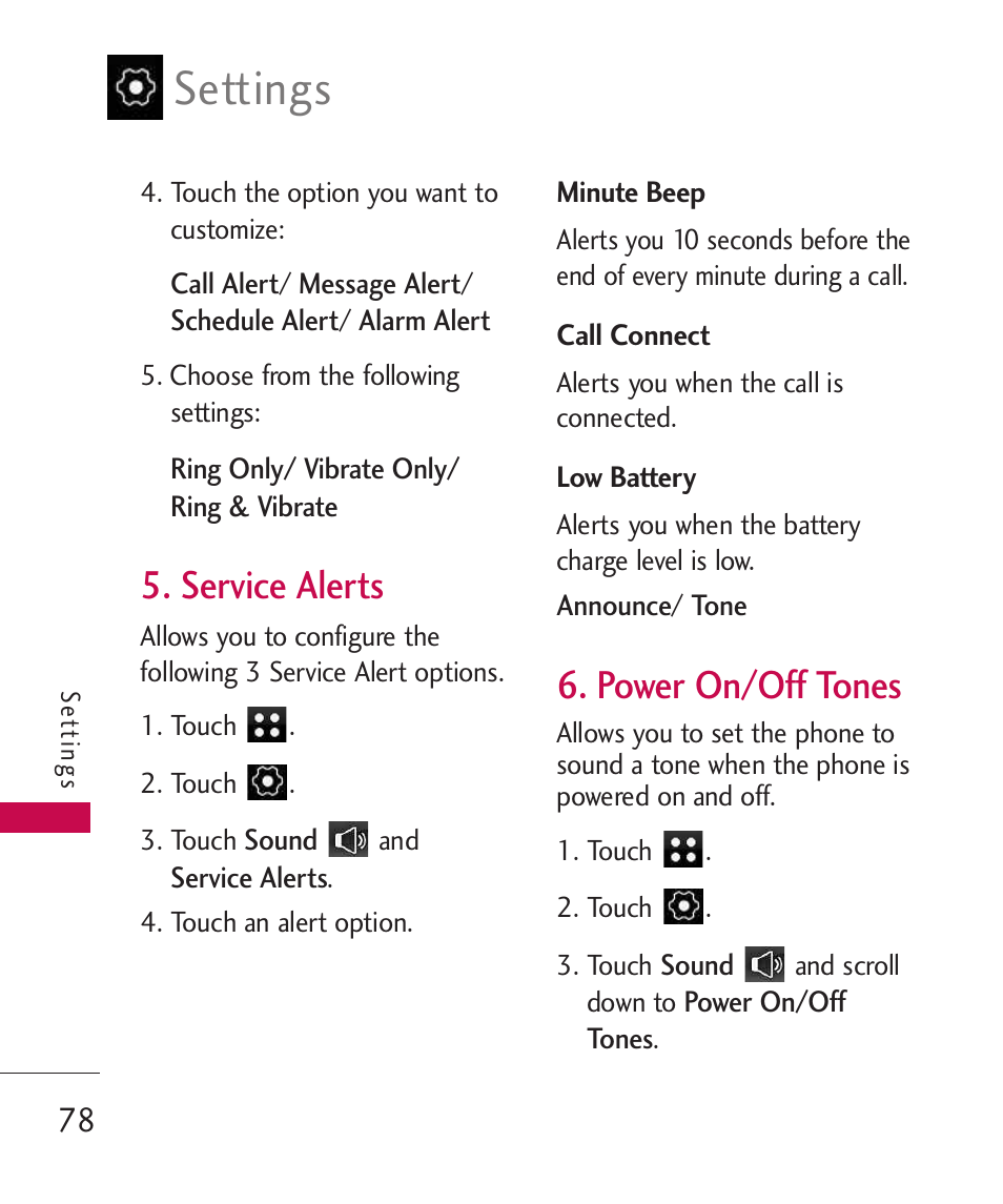 Service alerts, Power on/off tones, Settings | LG LG840 User Manual | Page 80 / 293