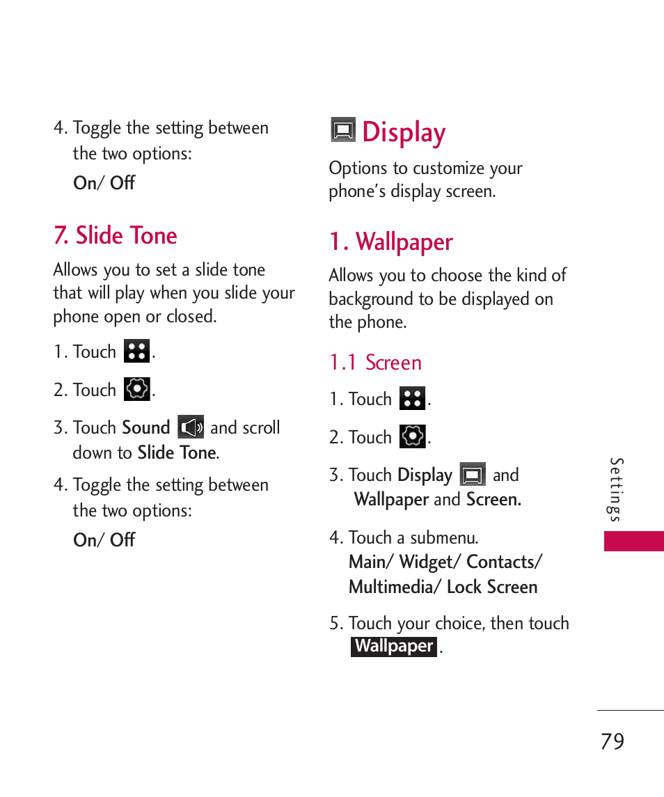 Slide tone, Display, Wallpaper | 1 screen | LG LG840 User Manual | Page 81 / 293