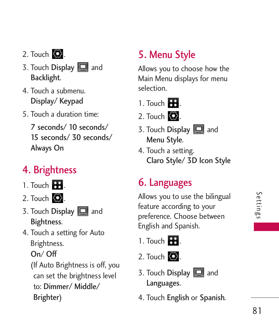 Brightness, Menu style, Languages | LG LG840 User Manual | Page 83 / 293