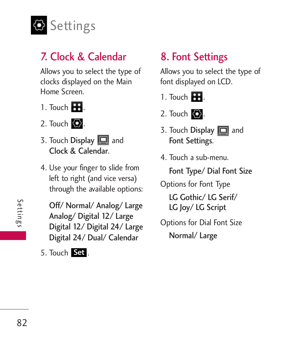 Clock & calendar, Font settings, Settings | LG LG840 User Manual | Page 84 / 293