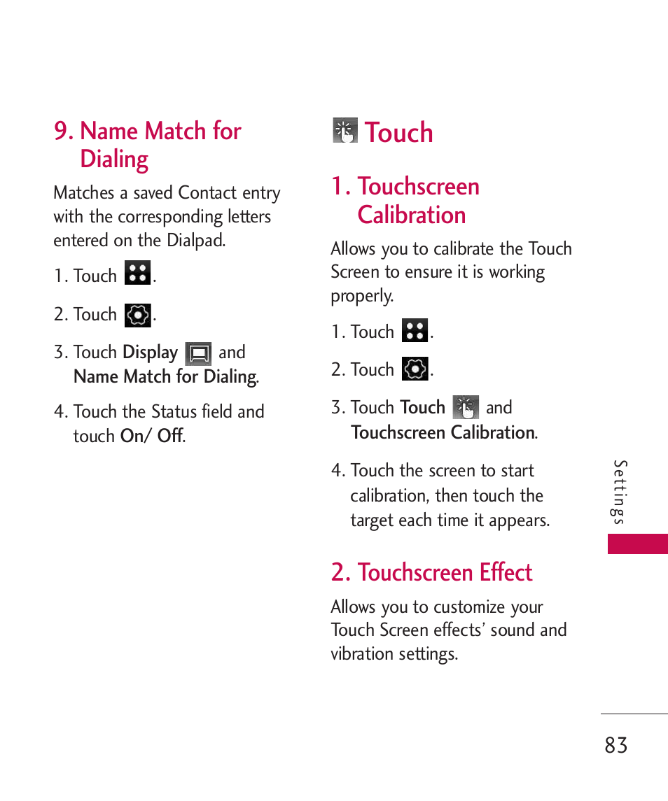 Name match for dialing, Touch, Touchscreen calibration | Touchscreen effect, Name match for dialing 83 | LG LG840 User Manual | Page 85 / 293