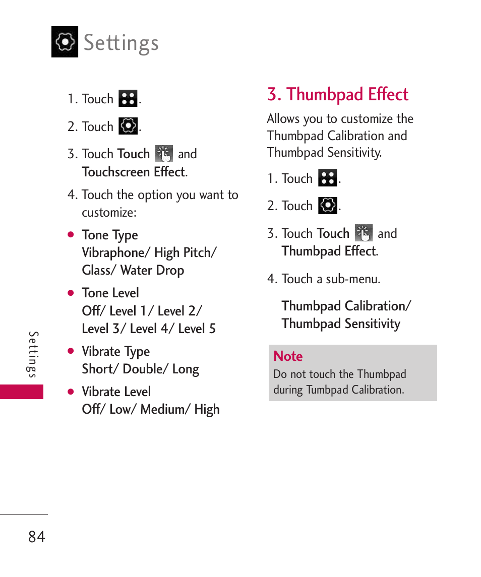 Thumbpad effect, Settings | LG LG840 User Manual | Page 86 / 293