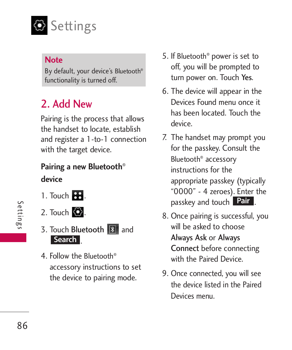 Add new, Settings | LG LG840 User Manual | Page 88 / 293