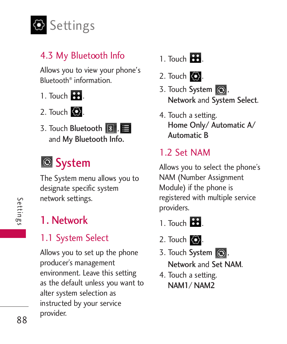 3 my bluetooth info, System, Network | 1 system select, 2 set nam, Settings | LG LG840 User Manual | Page 90 / 293