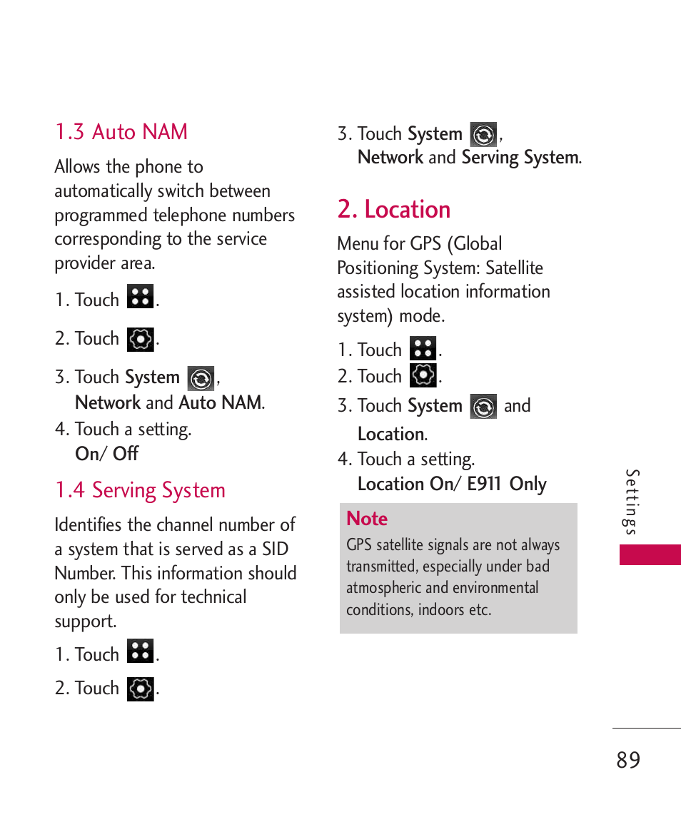 3 auto nam, 4 serving system, Location | LG LG840 User Manual | Page 91 / 293