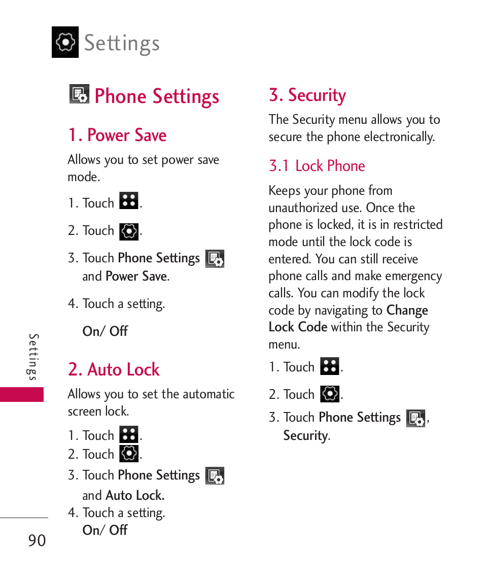 Phone settings, Power save, Auto lock | Security, 1 lock phone, Settings | LG LG840 User Manual | Page 92 / 293