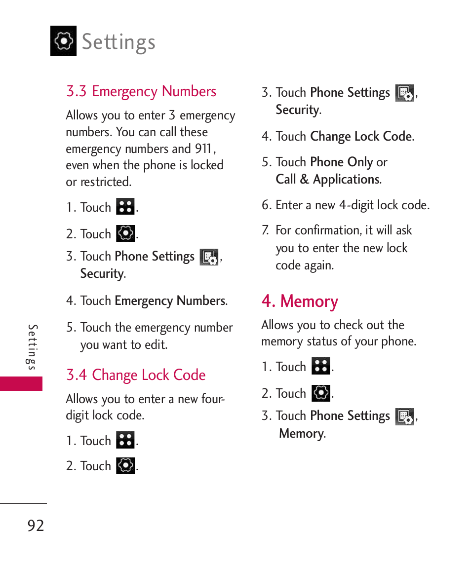 3 emergency numbers, 4 change lock code, Memory | Settings | LG LG840 User Manual | Page 94 / 293