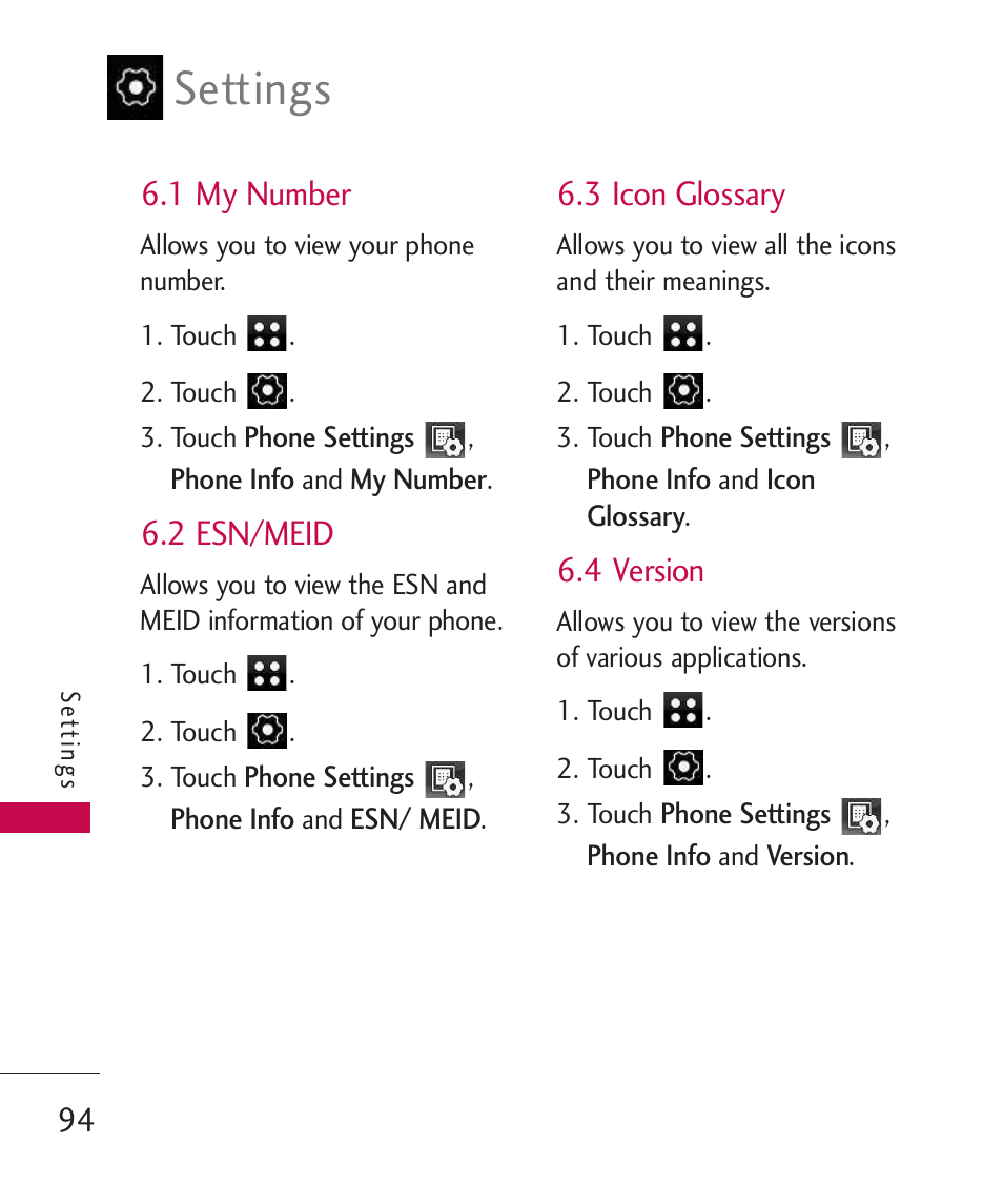 1 my number, 2 esn/meid, 3 icon glossary | 4 version, Settings | LG LG840 User Manual | Page 96 / 293