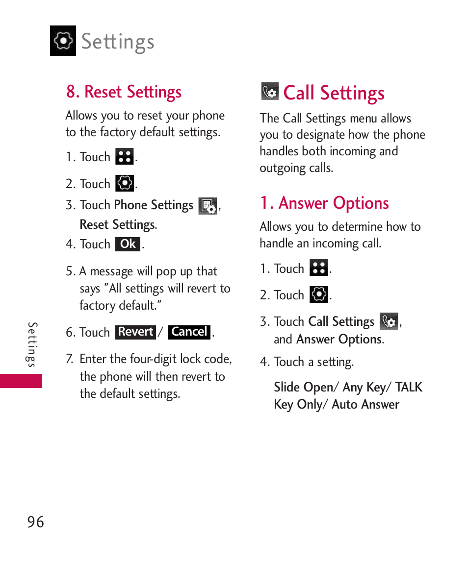 Reset settings, Call settings, Answer options | Settings | LG LG840 User Manual | Page 98 / 293