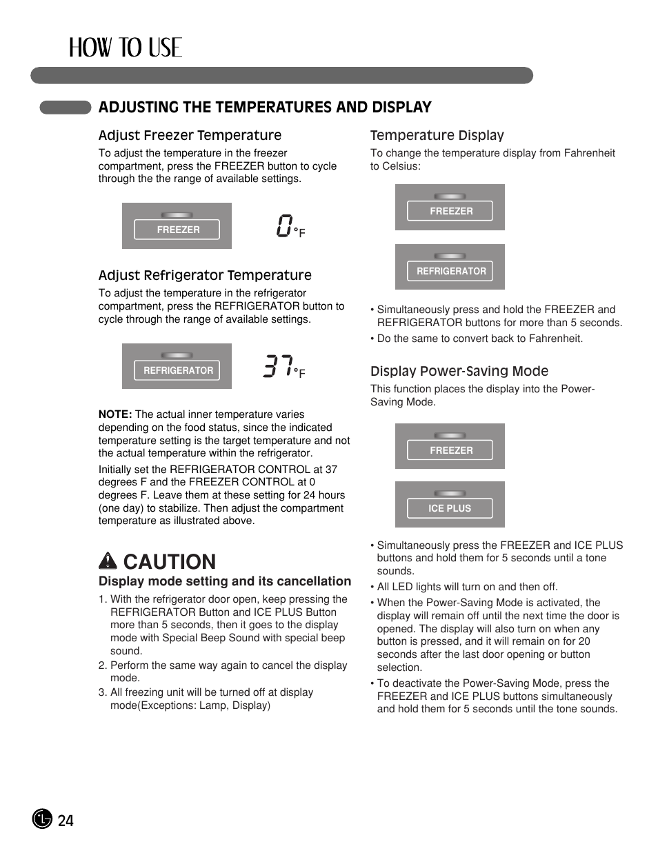 Wcaution, 24 adjusting the temperatures and display | LG LMX21984ST User Manual | Page 24 / 45