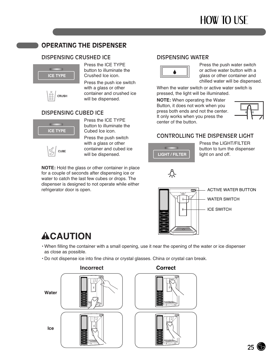 Wcaution, 25 operating the dispenser | LG LMX21984ST User Manual | Page 25 / 45