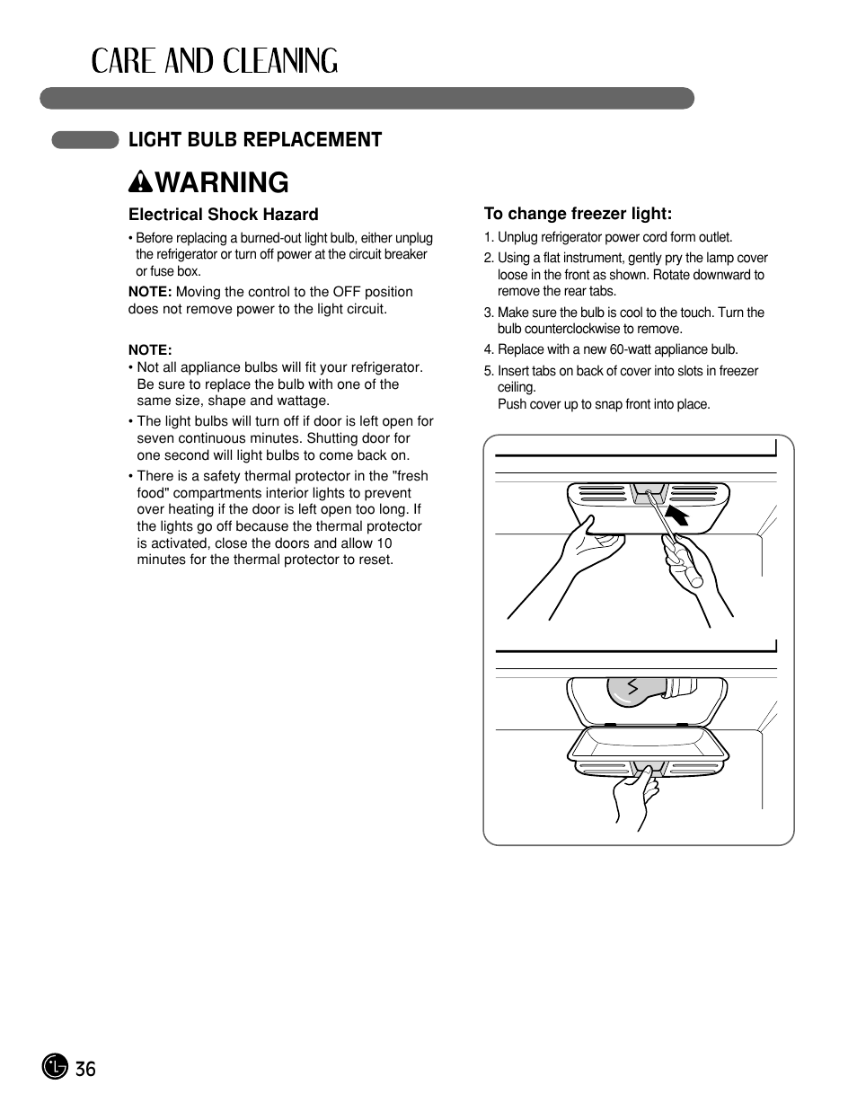 Wwarning, 36 light bulb replacement | LG LMX21984ST User Manual | Page 36 / 45