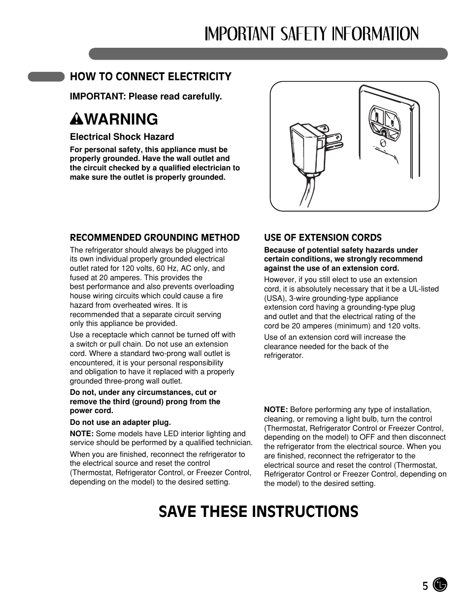 Wwarning, Save these instructions | LG LMX21984ST User Manual | Page 5 / 45