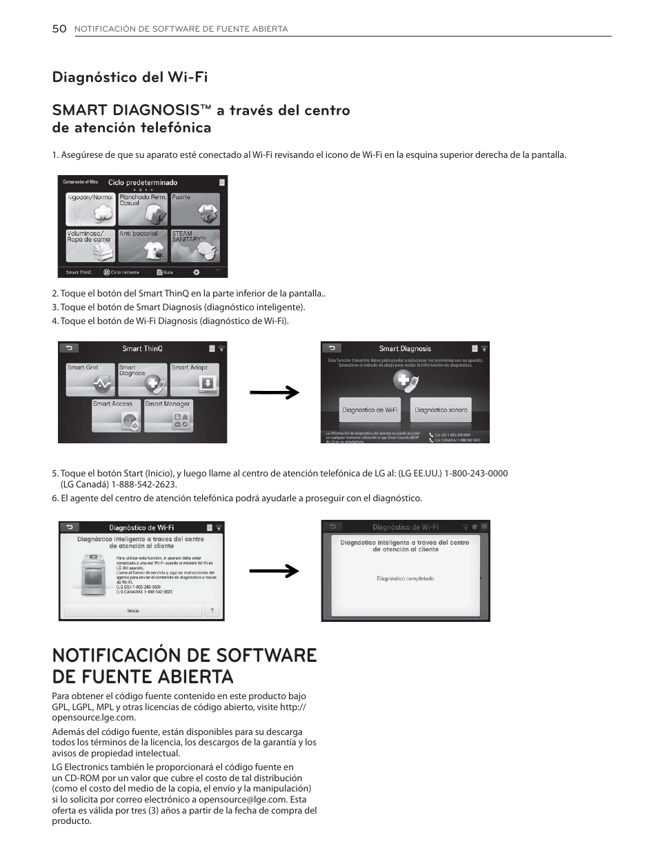 Notificación de software de fuente abierta, Diagnóstico del wi-fi | LG DLGX6002V User Manual | Page 100 / 108