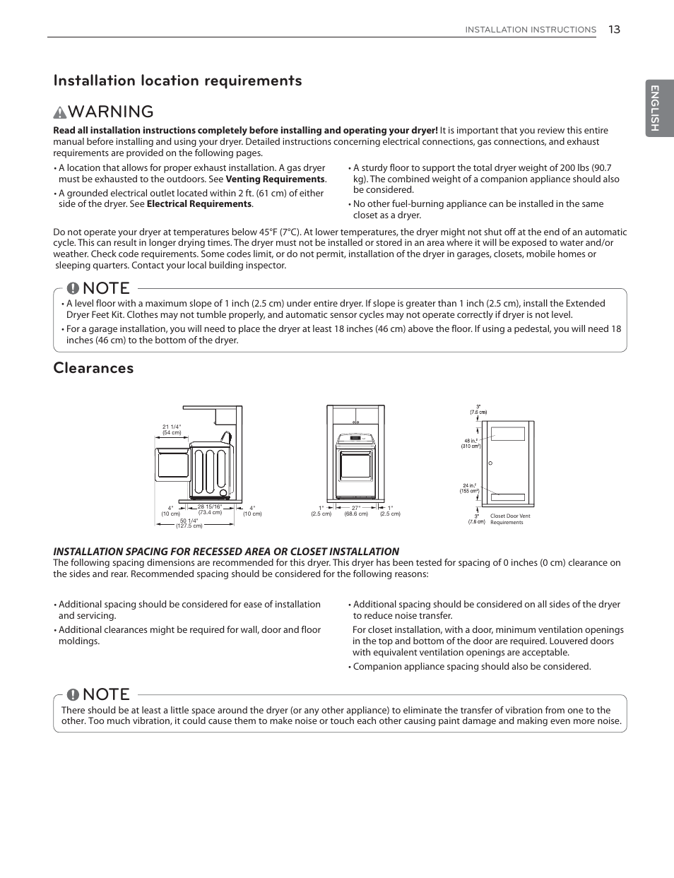 Warning, Installation location requirements, Clearances | LG DLGX6002V User Manual | Page 13 / 108