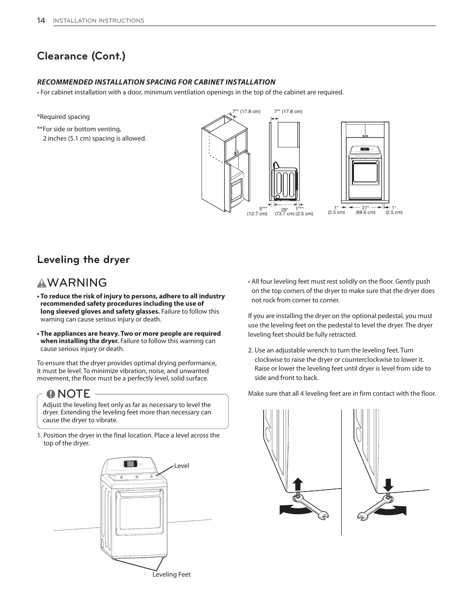 Warning, Clearance (cont.), Leveling the dryer | LG DLGX6002V User Manual | Page 14 / 108