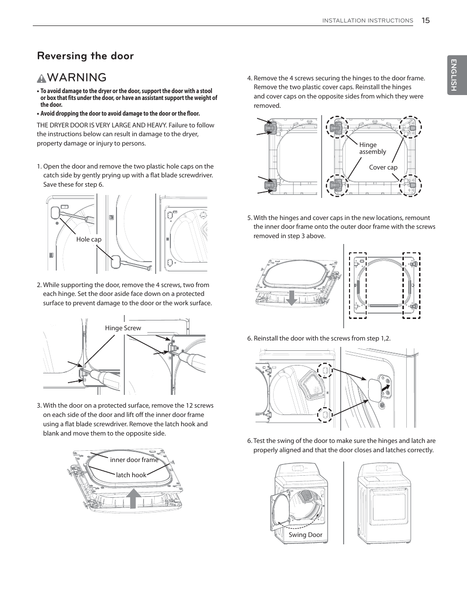 Warning, Reversing the door | LG DLGX6002V User Manual | Page 15 / 108