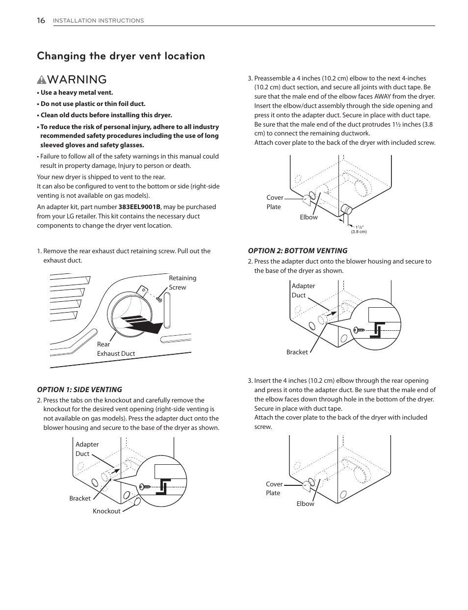 Warning, Changing the dryer vent location | LG DLGX6002V User Manual | Page 16 / 108